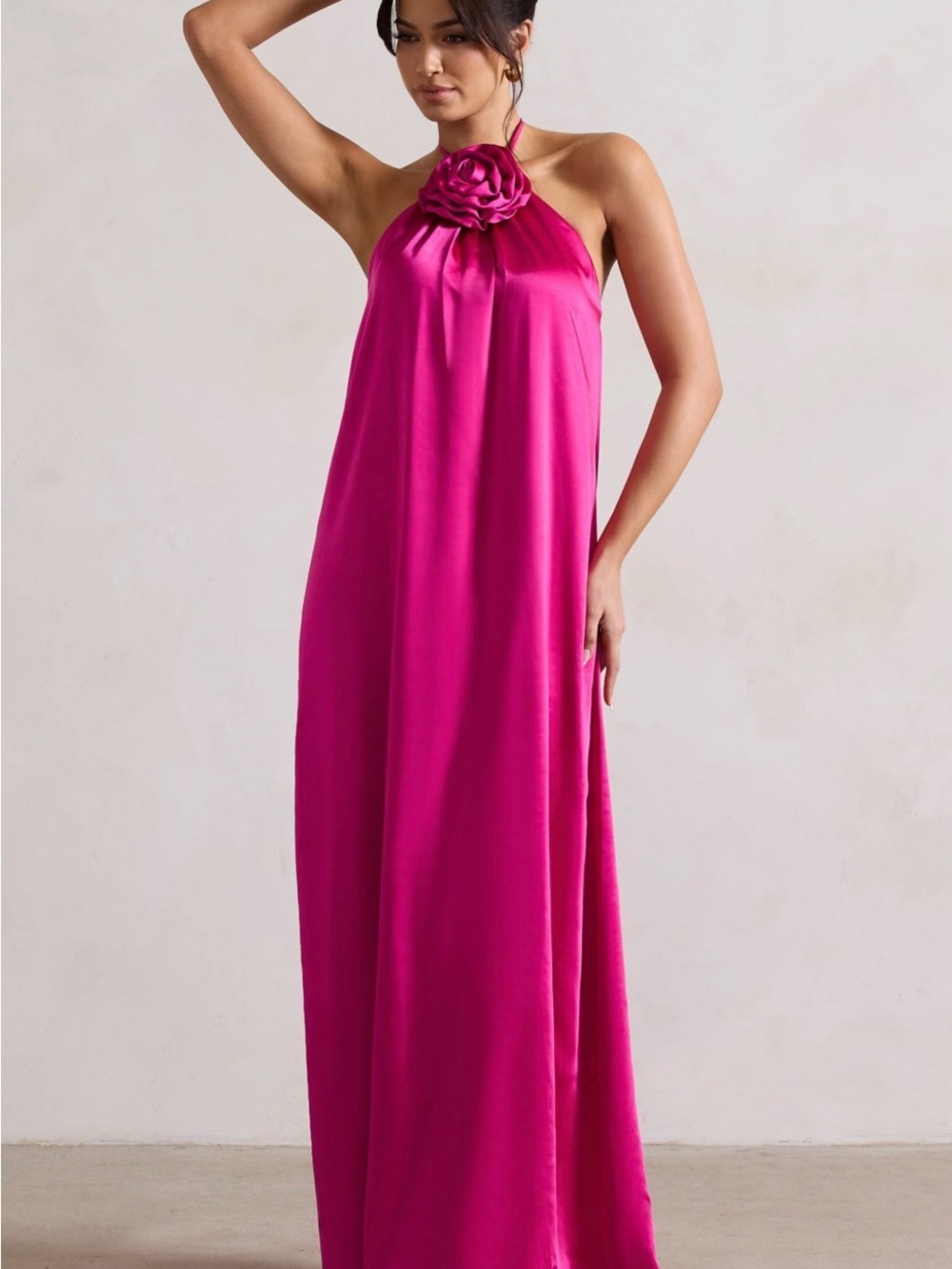 Club L London - Everleigh Dark Pink Satin Relaxed Fit Maxi Column Dress Corsage